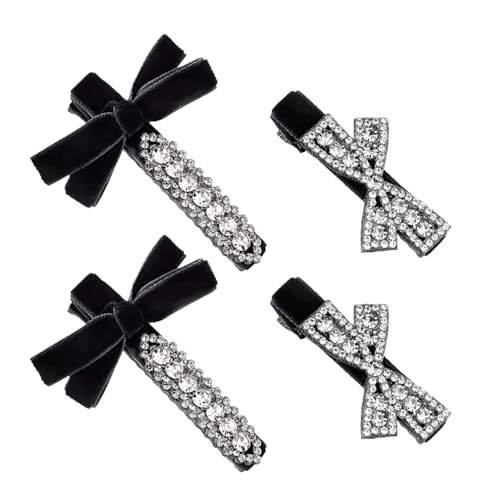 4PCS Pinzas para el cabello con lazo de terciopelo negro, clips de lazo con rhinestones brillantes para niñas, accesorios para el cabello con cristal francés antideslizante para mujeres
