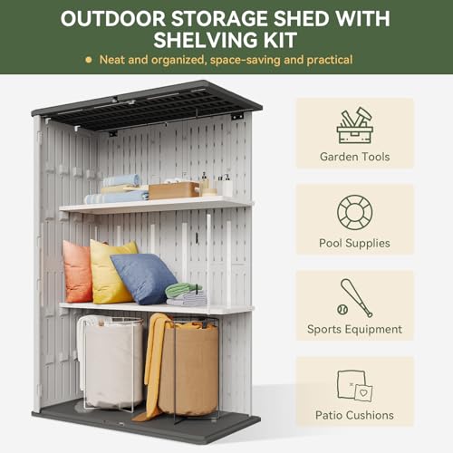 Image of Aoxun White Resin Outdoor Storage Shed with 2 Shelves & Floor, 64 Cu.Ft Vertical Waterproof Cabinet for Garage, Pool, Bike, Garden Tools, Patio Furniture