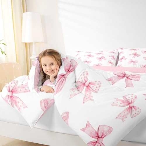 Image of Erosebridal Pink Bow Kids Bedding | Coquette Bowknot Queen Comforter Sets,Princess Girls Ribbon Bowtie Comforter Watercolor Cute Duvet Insert with 2 Pillow Cases