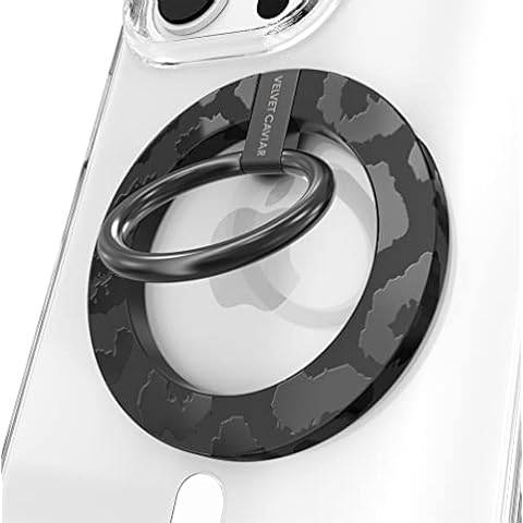 Velvet Caviar Compatible with MagSafe Phone Grip - Magnetic Ring Holder with Adjustable Stand - Removable MagSafe Accessories for iPhone 16, 15, 14, 13, 12 (Black Leopard) Cover