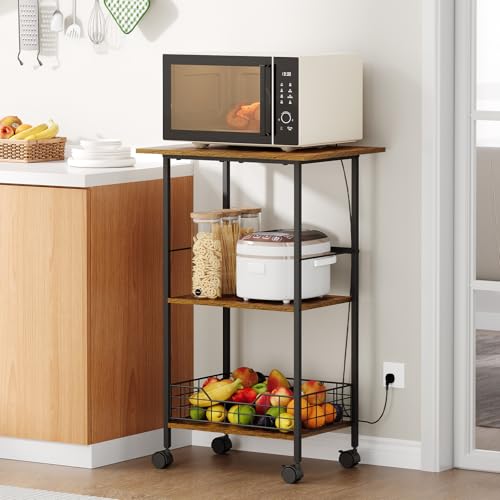 Microwave Cart with Storage, 3-Tier Rolling Kitchen Stand with Wire Basket, Wood...