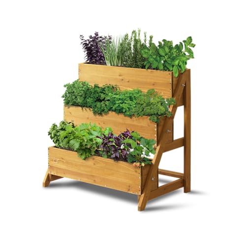 Image of VegTrug 3-Tier Herb Planter Wood Raised Garden Bed Planter Kit for Plants, Herbs, Vegetables, Flowers I Outdoor /Indoor Gardening I 3-Level Tiered Vertical Garden Planters - W80cm x D54cm x H78cm