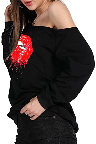 Image of MAGICMK Woman's Sweatershirt Lips Print Causal Blouse Off The Shoulder Long Sleeve Loose Slouchy Pullover Plus Size Tops