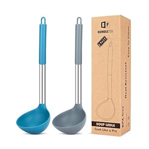 Pack of 2 Ladle Spoon,Silicone Large Spoon for Soup,Non Stick Kitchen Utensils with High Heat Resistant,BPA Free Perfect Kitchen Tools for Cooking, Stirring,Serving Soups (GREY-BLUE)