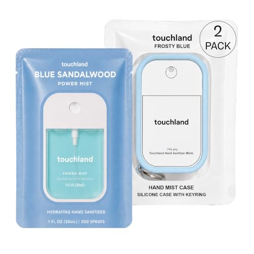 Image of Touchland Cool Drift Set Blue Sandalwood Hydrating Hand Sanitizer & Case | TSA ready Power Mist with skincare benefits & Frosty Blue case. Earthy and sophisticated scent, evoking peace and balance.