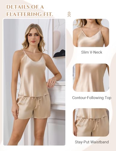 Image of THXSILK 100% Mulberry Silk Women Cami Pajama Set, Tank Top with Shorts Sleepwear, Adjustable Spaghetti Straps, Luxury Pj Set