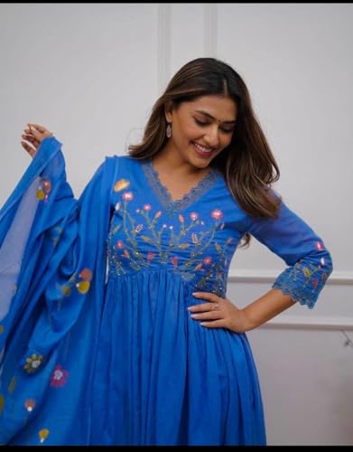 Women Printed long Anarkali Embrodiery Kurta and Pant Set with Printed Dupatta2