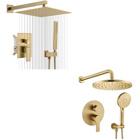 Iriber Champagne Bronze Rain Shower System with 12 Inch Shower Head and Handheld And Iriber Shower System Wall Mounted Shower Faucet Mixer Set with Luxury Shower head and 3-Setting hand shower Cover