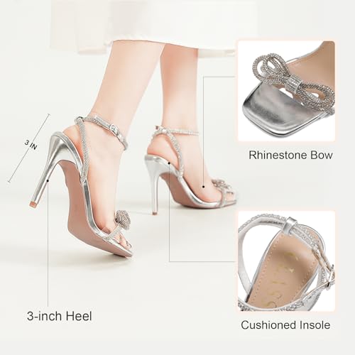 Women's Double Bowknots Heels Crystal Sandals, Silver Strappy High Heels for Women Open SquareToe Clear Heels Wedding Shoes Ankle Strap Crystal Rhinestonefor2