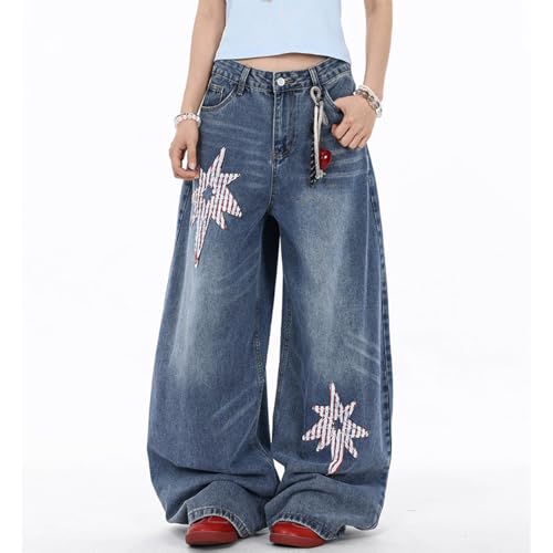 Vintage Casual High Waisted Baggy Star Jeans Y2K Cute Graphic Patchwork Design Straight Leg Denim Pants4