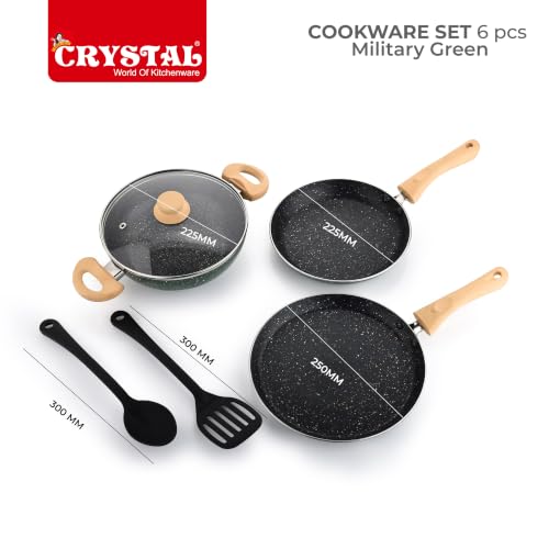 Image of Crystal Aluminum 6 Pcs Non Stick Cookware Set with Induction Bottom | Tawa, Fry Pan, Kadhai with Lid, Laddle & Spatula | Durable 4 Layer Non Stick Coating | Military Green