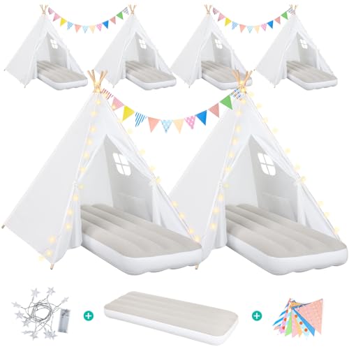 6 Pack Teepee Tent for Kids Sleepover Party Indoor, Gift Set with Inflatable Airbeds with Star Lights & Colored Flags, Washable & Foldable Toddler Slumber Party Tent for Girls & Boys, White
