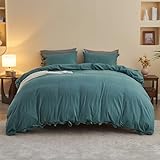 Picture of BISELINA 100% Washed Cotton Duvet Cover Set 3pcs with Bowknot Ties Strap Solid Color Linen Like Textured Durable Breathable Soft Comfy Chic Bedding (King, Dark Green)