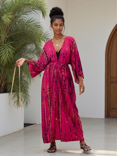Image of Women's Kimono Cover Up Long Beach Dress Swimsuit Cover Ups Colorful Cardigan Lightweight Robe for Swimwear