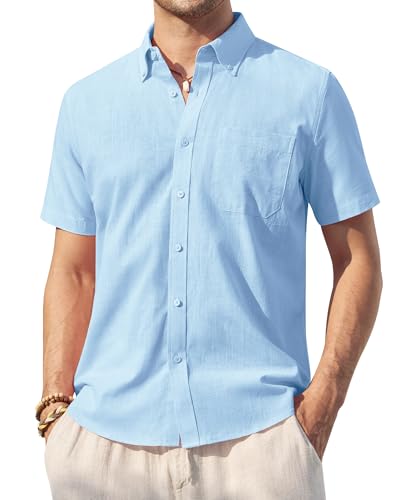 Alimens & Gentle Mens Linen Shirt Short Sleeve Casual Cotton Button Down Shirts Collared Summer Shirts
