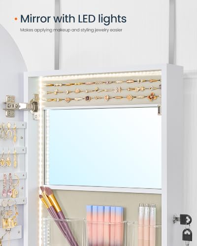 Image of SONGMICS HOME Over the Door Mirror Jewelry Cabinet, Lockable Jewelry Armoire with Arch Mirror, Wall Mounted Organizer with Inner Mirror and LED Lights, 16.7 x 4.1 x 42.7 inches, Cloud White and Tan