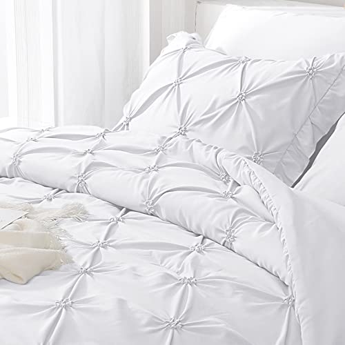 JOLLYVOGUE White Cal King Size Comforter Sets 7 Pieces, Pintuck Bed in a Bag Comforter Set for Bedroom, Bedding Comforter Sets with Comforter, Sheets,Ruffled Shams & Pillowcases