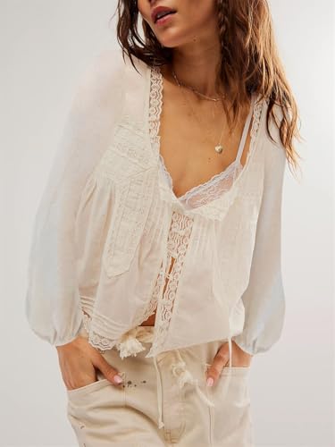 Women Y2k Long Sleeve Ruffle Tops Lace Trim Tie Front Button Down Chiffon Cardigan Shirt Y2k Coquette Going Out Blouse - Image 3