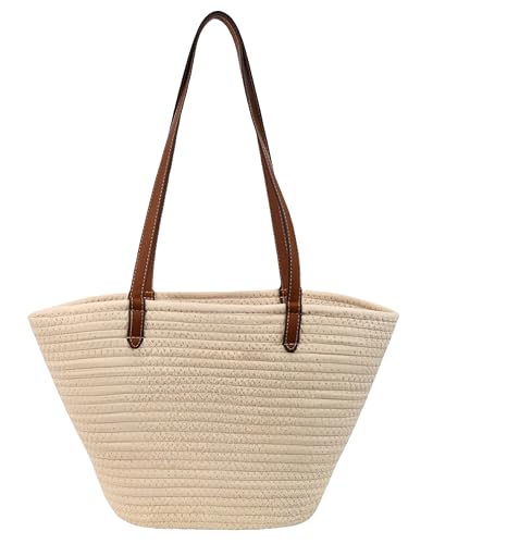 Tote Bag for Seaside Vacation,Lightweight Large Capacity Woven Bag for Women,Leather Handles, Summer Beach (Shoulder,Handbag) ﻿