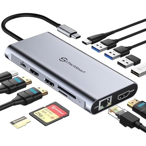 UtechSmart USB C Hub, 3 HDMI Docking Station Triple Display 12 in 1 USB C Laptop Adapter with 4K HDMI PD3.0 SD TF Card Reader Gigabit Ethernet for MacBook Pro/Air/M1/M2 & Windows Cover