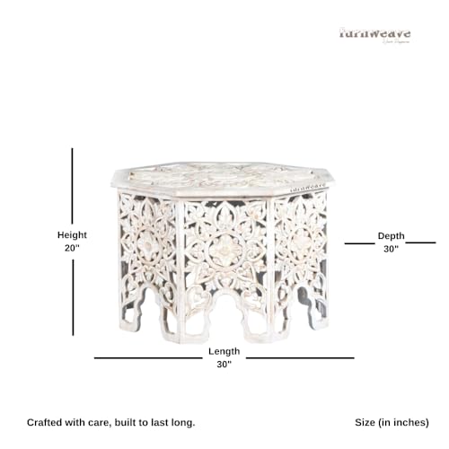 Image of Wooden Coffee Table for Living Room | Handcrafted Solid Wood Center Table for Living Room with Carved Floral Design | Coffee Table for Home, Wooden Furniture for Home (White Distress)