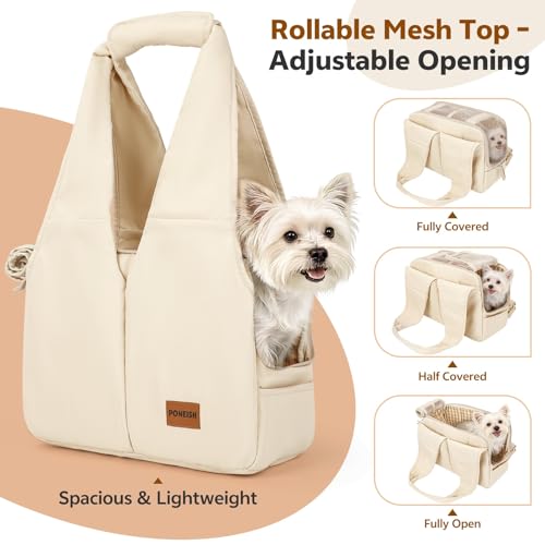 Dog Purse Carrier for Small Dogs and Cats, Soft-Sided Pet Tote Bag with 6 Large Pockets, Collapsible Travel Puppy Carrier with Small Cushion, Fits Pets up to 6 lbs (Beige, 13.6" L x 6.6" W x 10" H) - Image 5