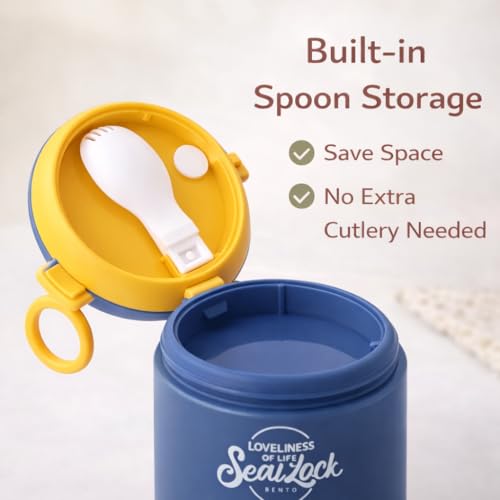Image of Insulated Stackable Bento Lunch Box, 780ml Double Layer 304 Stainless Steel Thermal Food Jar with Foldable Spoon for Hot & Cold Meals, Leakproof Container for Kids & Office - Blue /Yellow