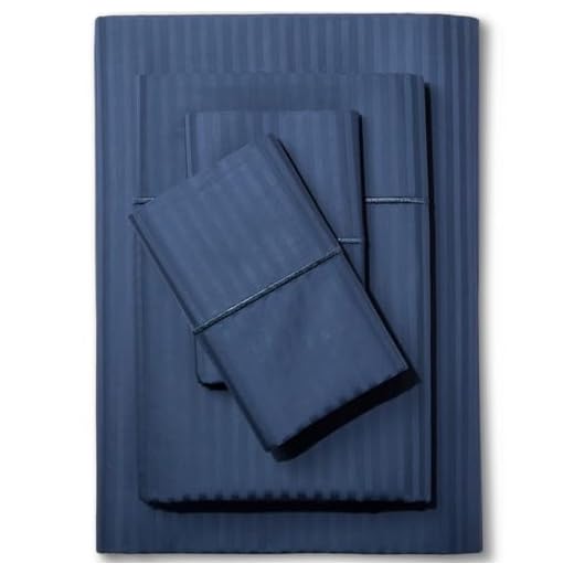 Feather & Stitch 500 TC King Size Damask Bed Sheet Set, 100% Cotton Soft Breathable Bedsheets, 4 Piece 18" Deep Pockets Sateen Weave Striped Bedding Mattress Resort Hotel - (Dark Blue Stripe)