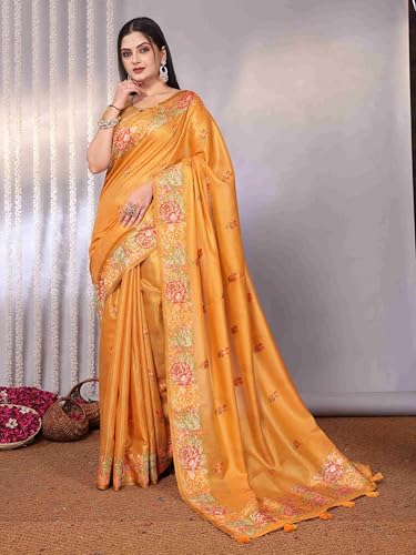 Image of SWORNOF Gold-Toned Woven Design Silk Zari Tissue Saree | Saree for Women | Soft and Skin Friendly