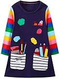 Hongshilian Girls Cartoon Dress Applique Party Dresses Casual Jersey Cotton Long-Sleeved(6T,Painter & Multicolor)