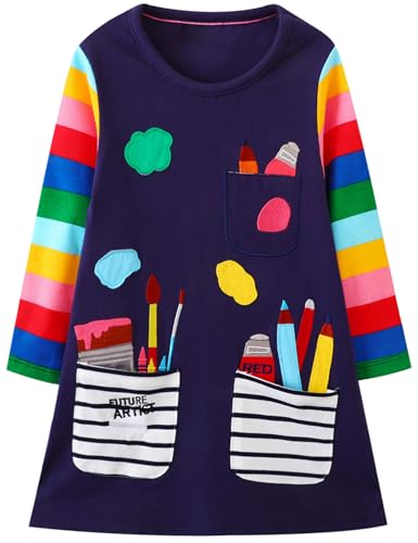 Hongshilian Girls Cartoon Dress Applique Party Dresses Casual Jersey Cotton Long-Sleeved(7T,Painter & Multicolor)