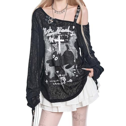 Skateboard Frog T Shirt Femme Manches Longues Y2K épaule dénudée Anime | T Shirt femme ample délassant épaules nues ajouré avec imprimé cartoon grunge gothique harajuku kawaii streetwear tee shirt