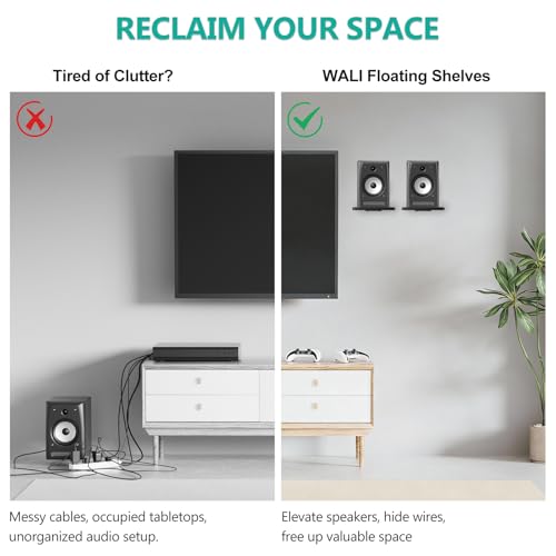 Image of WALI Speaker Wall Mount, Heavy Duty Bookshelf Speaker Floating Wall Shelves, Surround Sound Speakers Stand for Living Room, Home Theater and Gaming Room, Holds up to 55 Lbs, (SWM302B), 1 Pair, Black