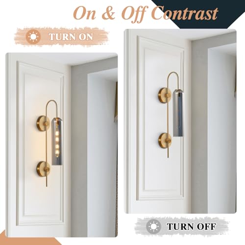 Image of BOKT Brushed Brass Gold Wall Mounted Sconce Mid Century Modern Smoke Gray Glass Wall Sconce Light Single Bathroom Bedroom Wall Lighting Fixtures for Living Room Hallway Kitchen Mirror (Smoke Gray)