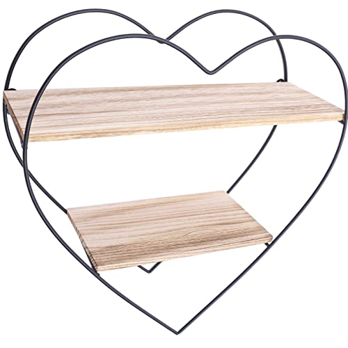 Fetcoi Wall Shelf Heart Floating Shelves,2-Tire Iron Wood Wall Hanging Shelves Display Storage Organizer, Gifts For Kid Children Room Bedroom Bathroom Living Room #TOP5
