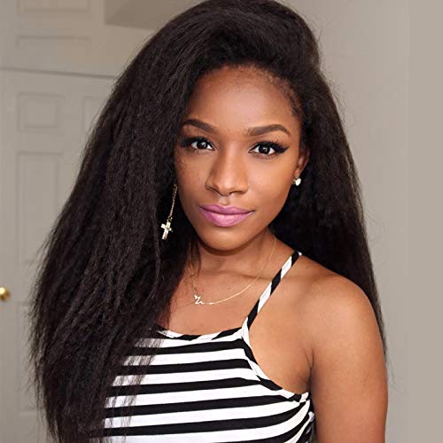 Nil Kinky Straight Lace Front Synthetic Wig for Women, Deep Middle Part 16 Inch Shoulder Length High Temperature Heat Resistant Hair Hand Tied Natural Real Looking(16 Inch, Natural Black)