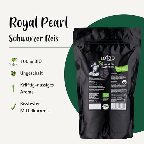 Lotao Schwarzer Reis (1x 1000g, Bio Qualität) ROYAL PEARL BLACK | Hochwertiger Bio Vollkornreis: Ohne Zusätze und ungeschält | Der schwarze Reis als Hingucker für Asia Küche: Thai Chinesisch uvm.