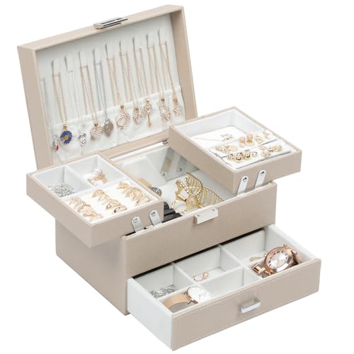 Dajasan Joyero, Joyeros Mujer Organizador, 3 Niveles Grande Joyero con 1 Cajón, PU Cuero Joyeros,...