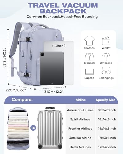 Image of suradar Vacuum Seal Travel Backpack Built-in Pump,Air Compression System Vacuum Vacpack Travel Bag for Women Men Carry On Suitcase Luggage Laptop Airlines Approved Daypack Space Saver Bags Purple
