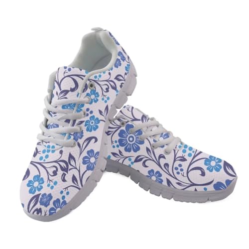 Pinupub Blue Floral Print Casual Lightweight Running Shoes for Men Novelty Fashion Sports Basketball Sneakers Size 9
