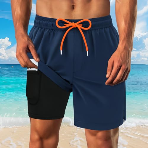 Mens Swim Trunks with Compression Liner Mens Bathing Suit 7 Inch Inseam Quick Drying Men's Board Shorts Men's Swimwear