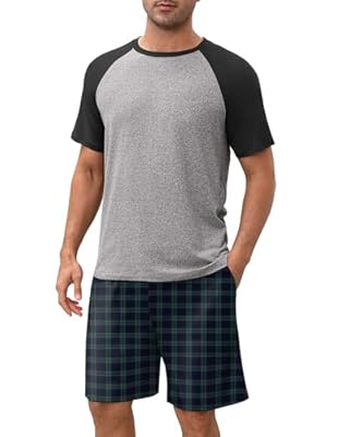 Ekouaer Pijamas Hombre Suave Transpirable Pijama con Pantalón Corto Cuerda Ajustable Cuadros Verdes XL