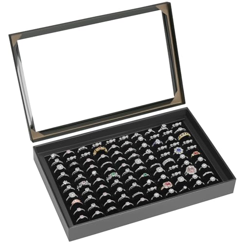 KUKUVR 100 Slots Ring Earring Holder Display Case Velvet Jewelry Ring Earring Storage Organizer Box Tray with Clear Lid for Women And Selling Show (Black)