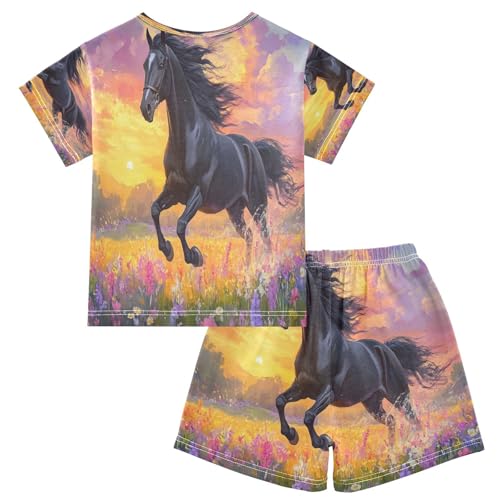ALAZA Black Horse Flower Sunset Pajamas Set Short Sleeve Cotton Sleepwear Summer Pjs 2 Piece 5-14Y2