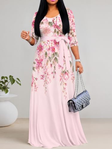 Image of PinkPatty Plus Size Maxi Dress for Women Casual V Neck 3 /4 Sleeve Boho Printed Long Dress with Pockets
