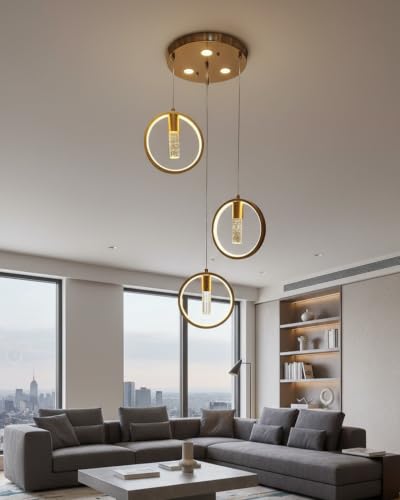 Image of swanart 3-Light Crystal Gel Pendant Light, Modern LED Hanging Light, 3 Colour Change Ceiling Light, Gold Chandelier for Living Room, Bedroom, Dining Room & Hall
