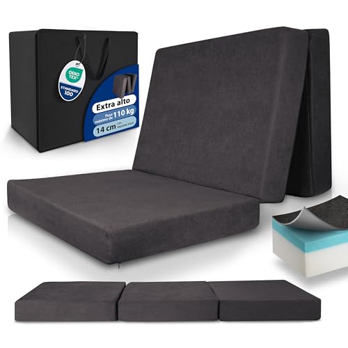 Beautissu Premium Colchón Plegable 90x200 cm Antracita Incl. Bolsa - colchón para Invitados Extra Grueso 14 cm Espuma viscoelástica - Gran Comodidad para Dormir, Lavable - Model XL