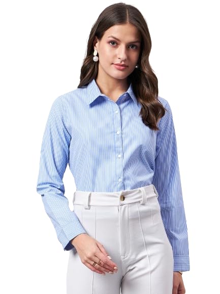 Image of Style Quotient Women Self Design Stripe Blue and White Polycotton Formal Shirt