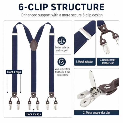 Image of Men's Heavy Duty Y-Back Suspenders, 6 Strong Metal Clips Adjustable Elastic Straps for Work, Tuxedos, and Daily Wear