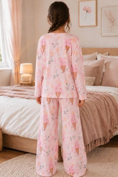 Image of TotzTouch Girls Printed Pyjama Set | Full Sleeve Top with Wide Leg Pyjama Pants | Stylish Cotton Co-Ord Nightwear Set for Kids